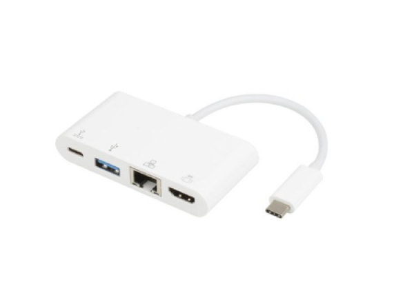 E-Green Adapter USB 3.1 tip C (M) - HDMI + USB3.0 + RJ45 + tip C (F) beli