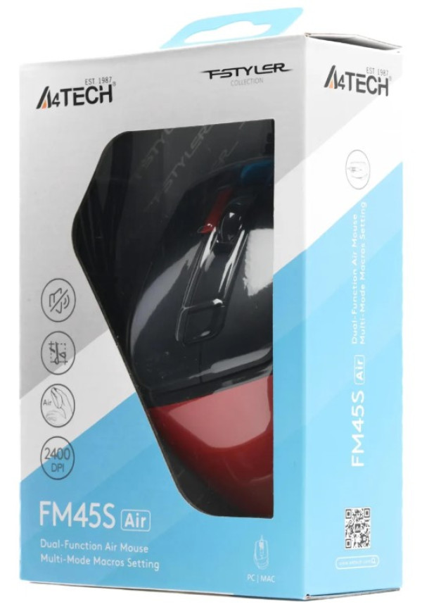 A4-FM45S AIR  A4Tech Fstyler opticki mis 125-1000Hz/1000-2400Dpi, 108mm, Silent, 7-but, USB, Red/blk