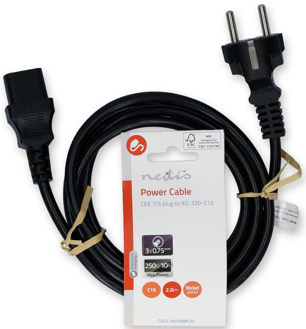 CEGL10030BK20, Kabl za napajanje, Utikae sa uzemljenjem muški, IEC-320-C13, Niklovani, 2,00 m, PVC