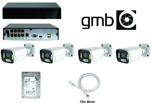 CAM-IPSET4MP-01 NVR 8CH, HDD 2TB, 4x 15m KABLA i 4 KAMERE 4MPX BULLIT